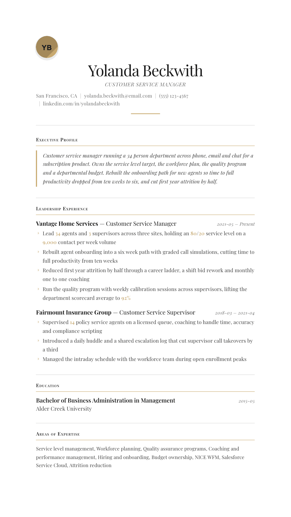 Customer Service Manager resume example, Chancellor template