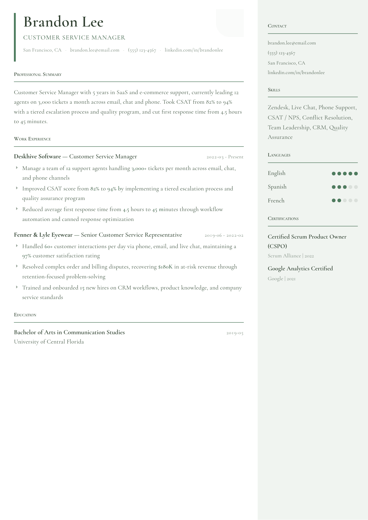 Customer Service resume example, Copenhagen template