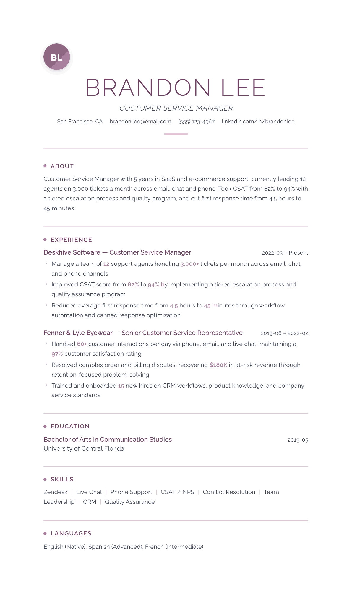 Customer Service resume example, Serenity template