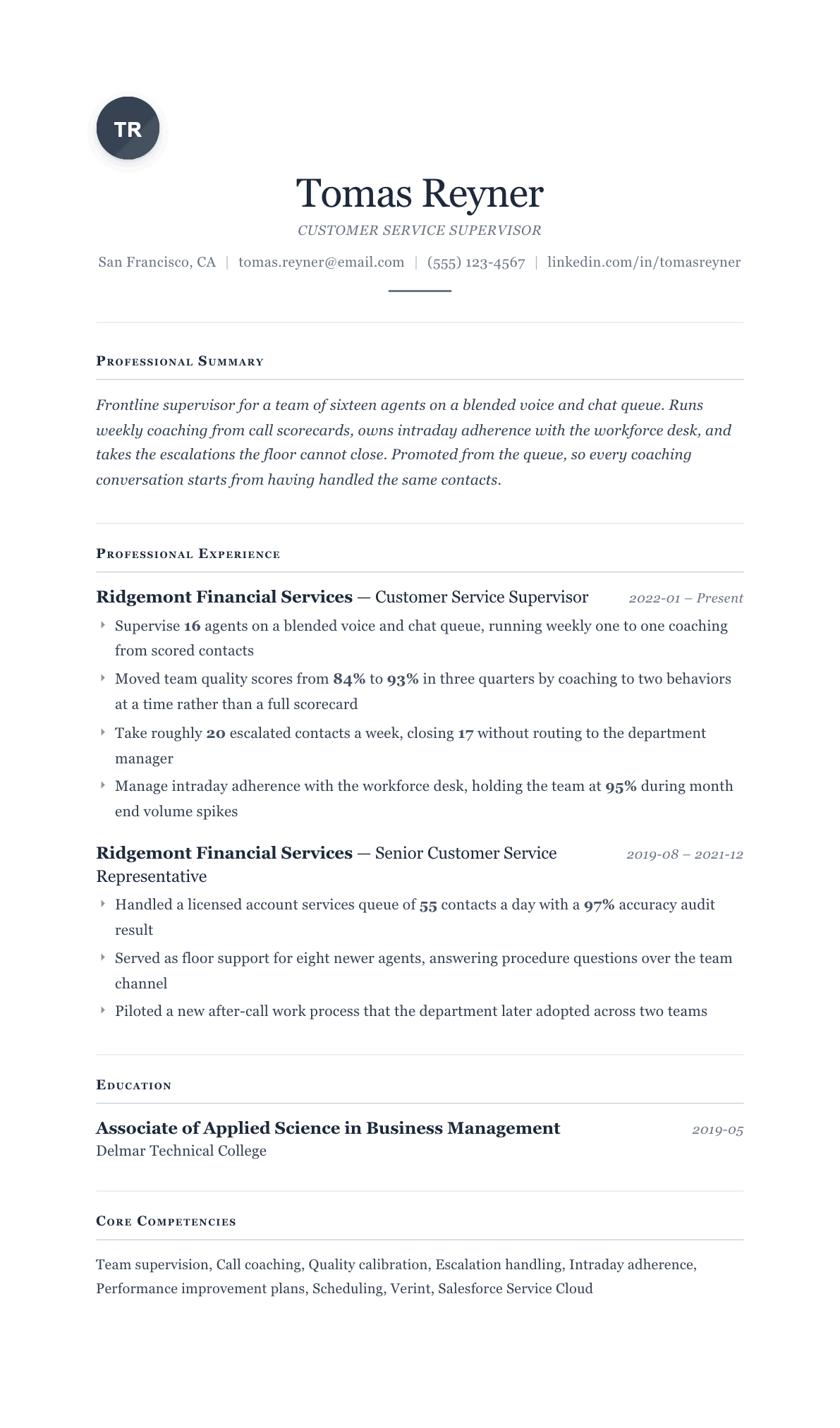 Customer Service Supervisor resume example, Cornerstone template