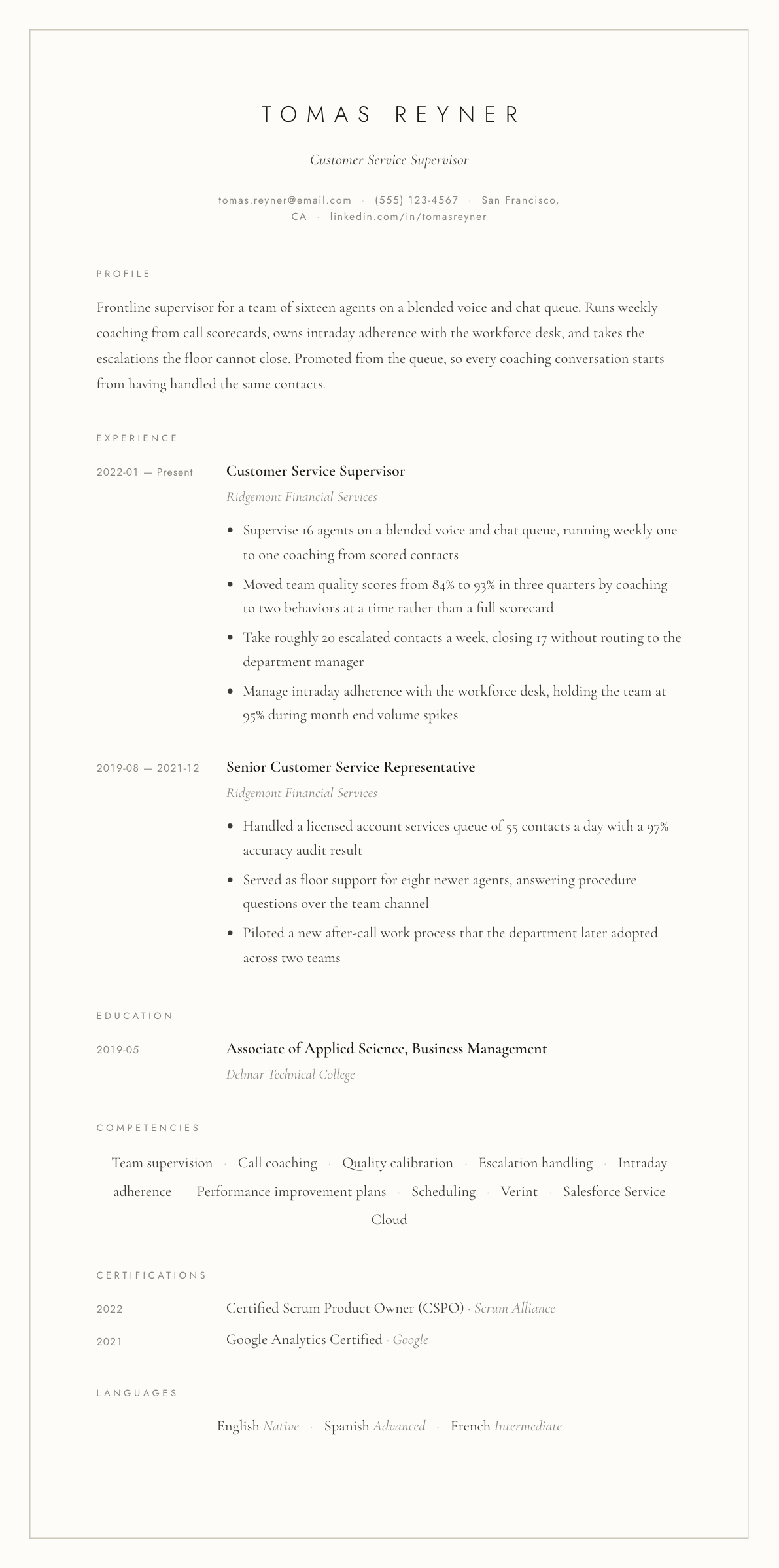 Customer Service Supervisor resume example, Vellum template