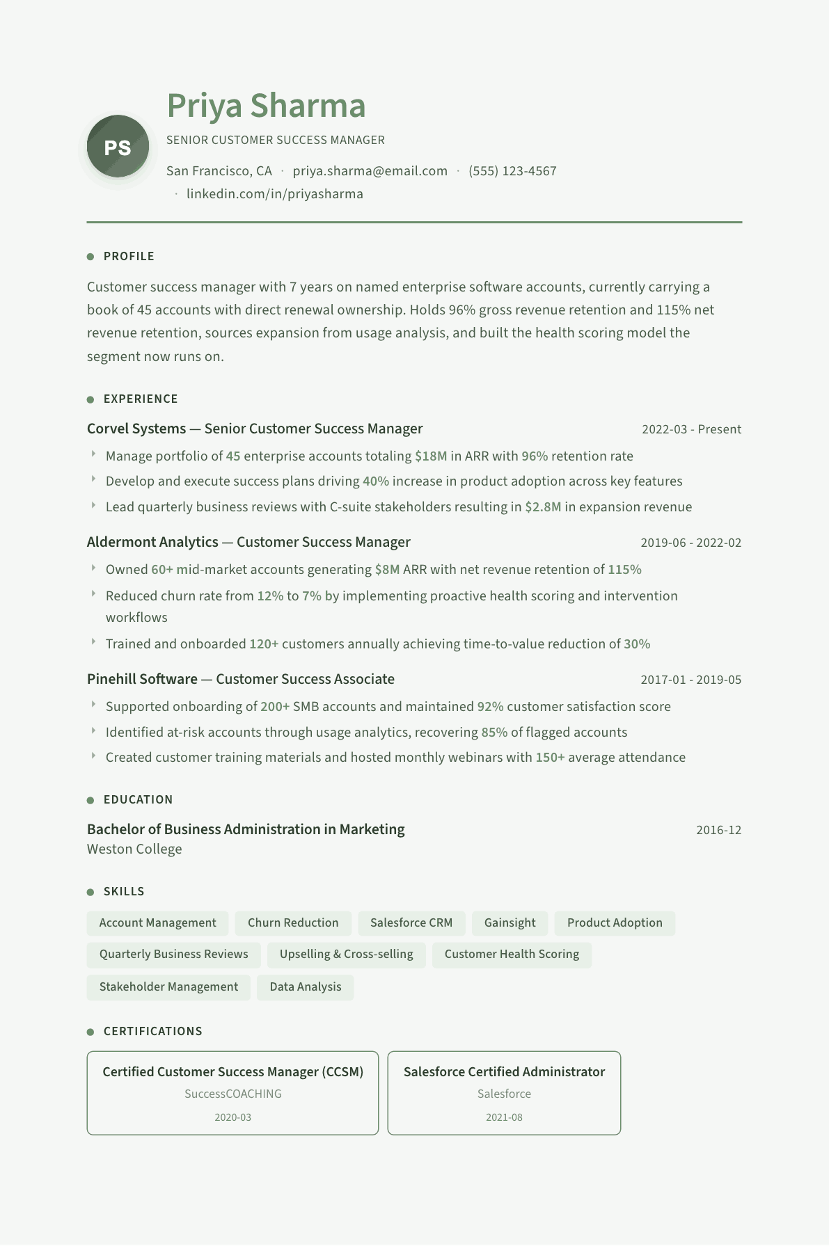 Customer Success Manager resume example, Sage Garden template