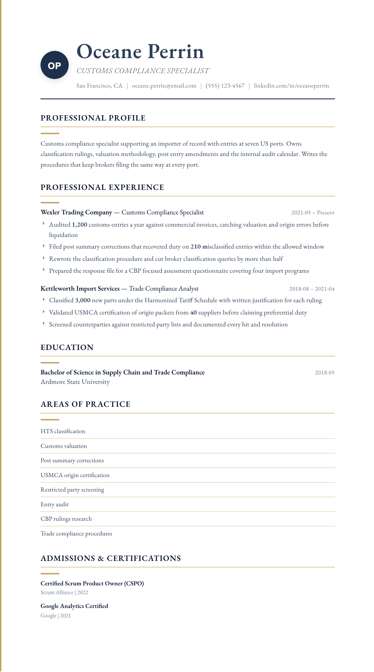 Customs Compliance Specialist resume example, Folio template