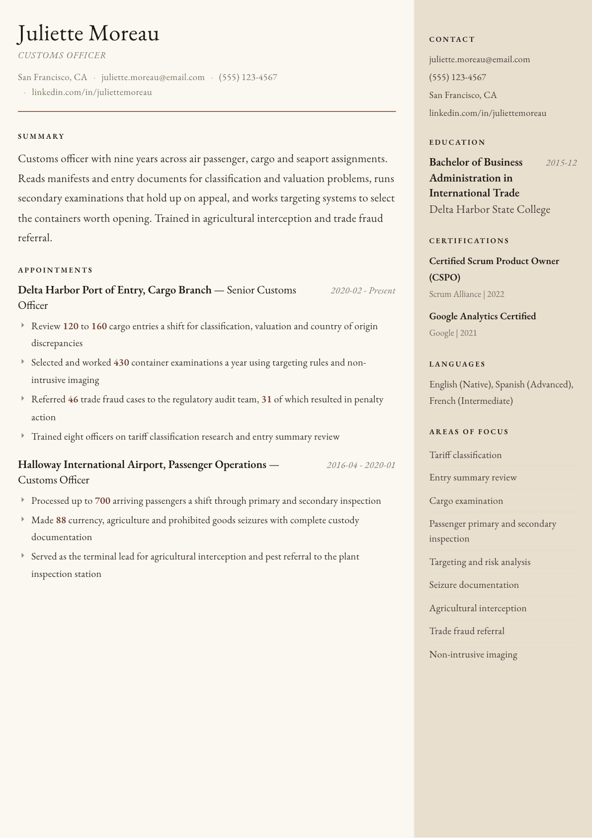 Customs Officer resume example, Manuscript template