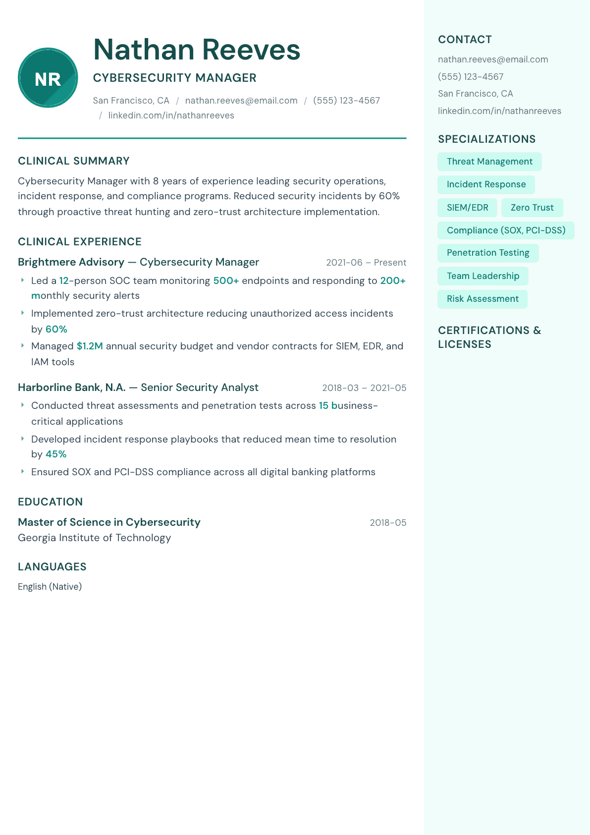 Cybersecurity Manager resume example, Remedy template