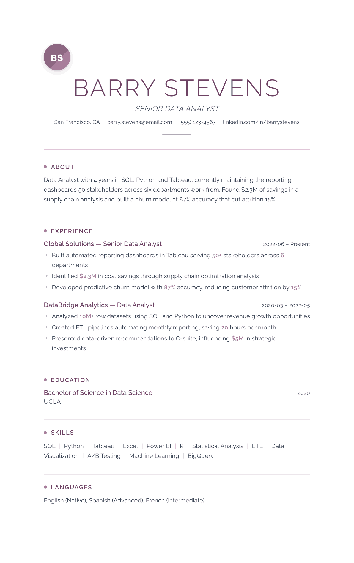 Data Analyst resume example, Serenity template