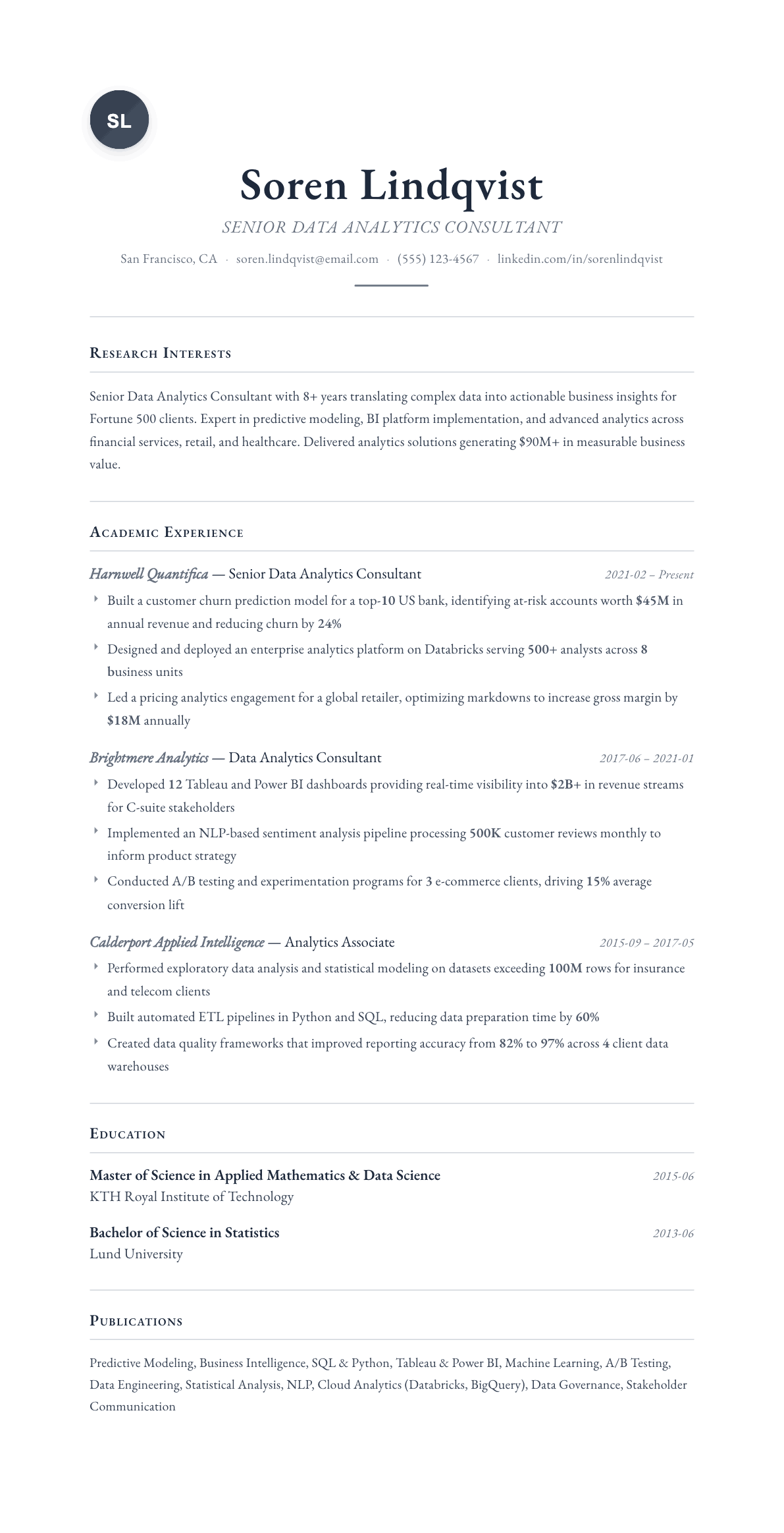 Data Analytics Consultant resume example, Scholar template