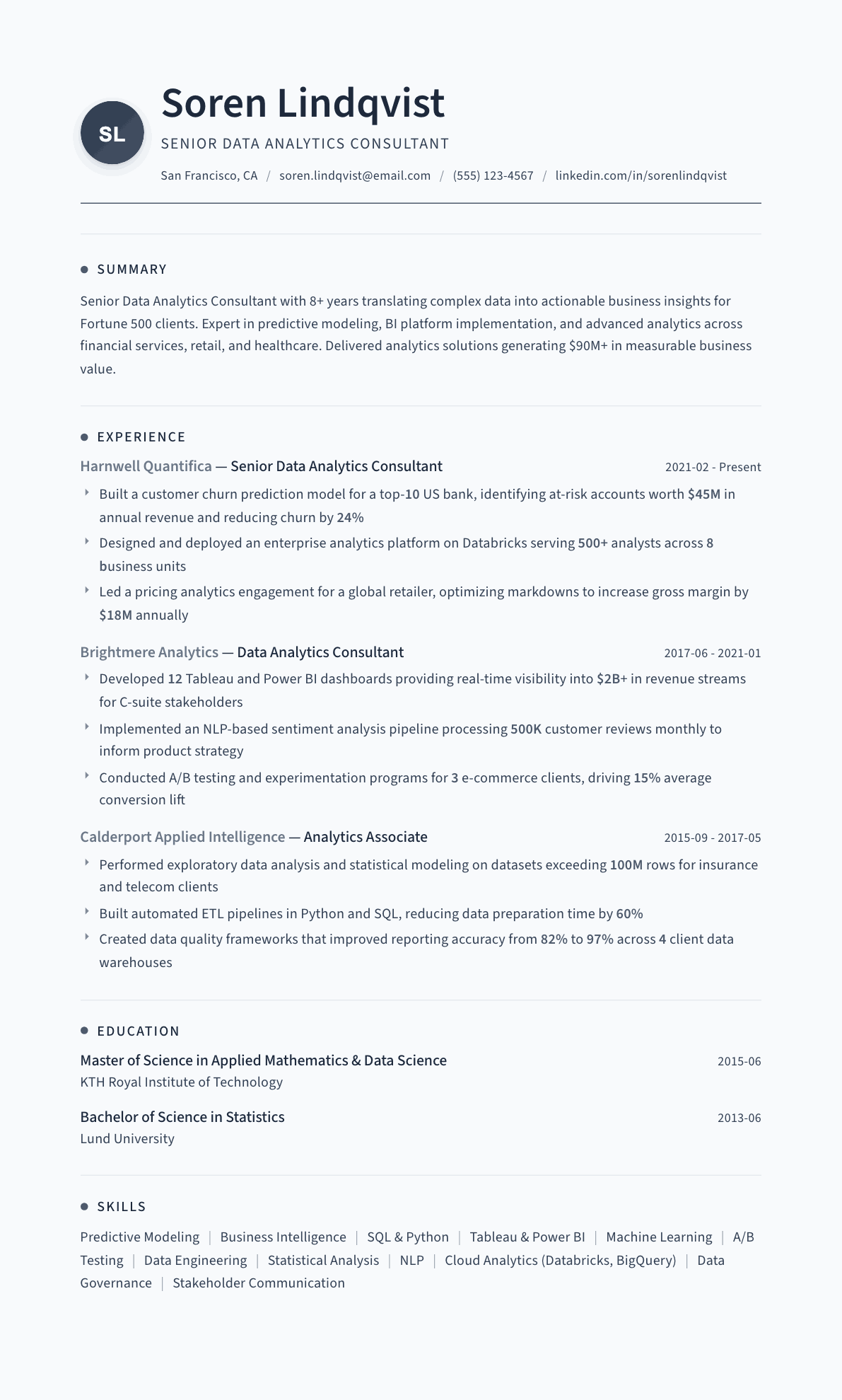 Data Analytics Consultant resume example, Thread template