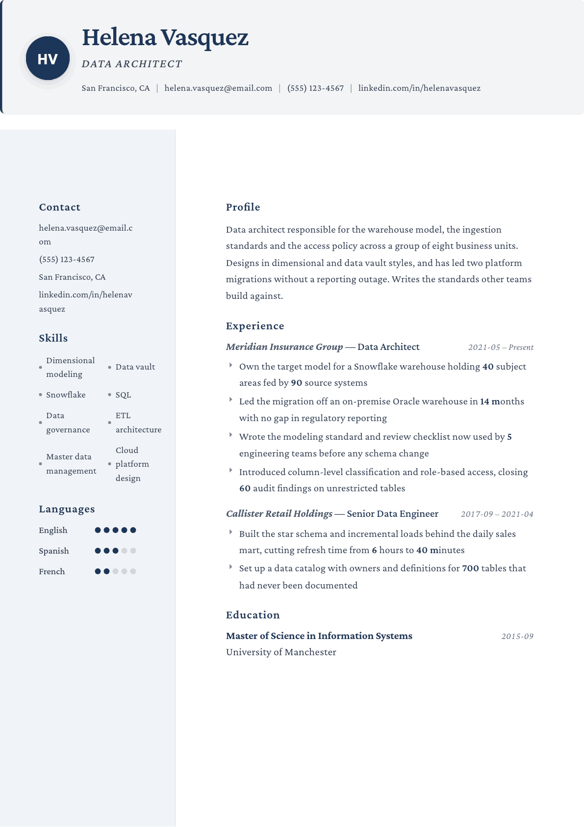 Data Architect resume example, Formal template