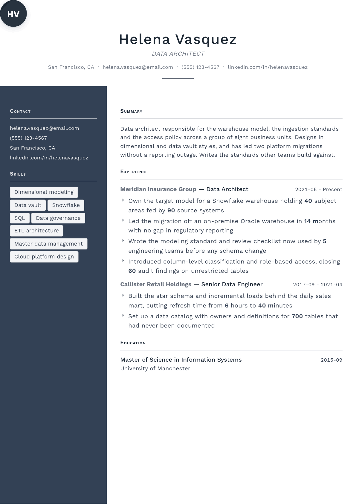 Data Architect resume example, Fold template