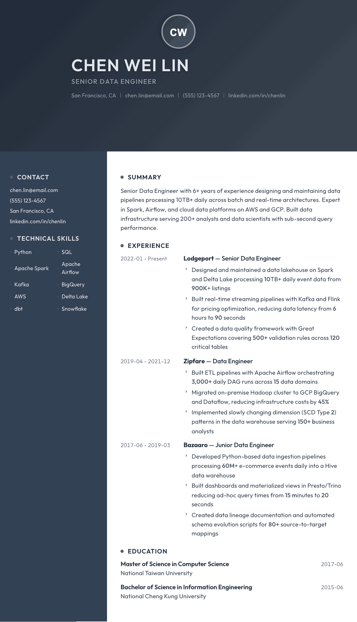 Data Engineer resume example, Binary template