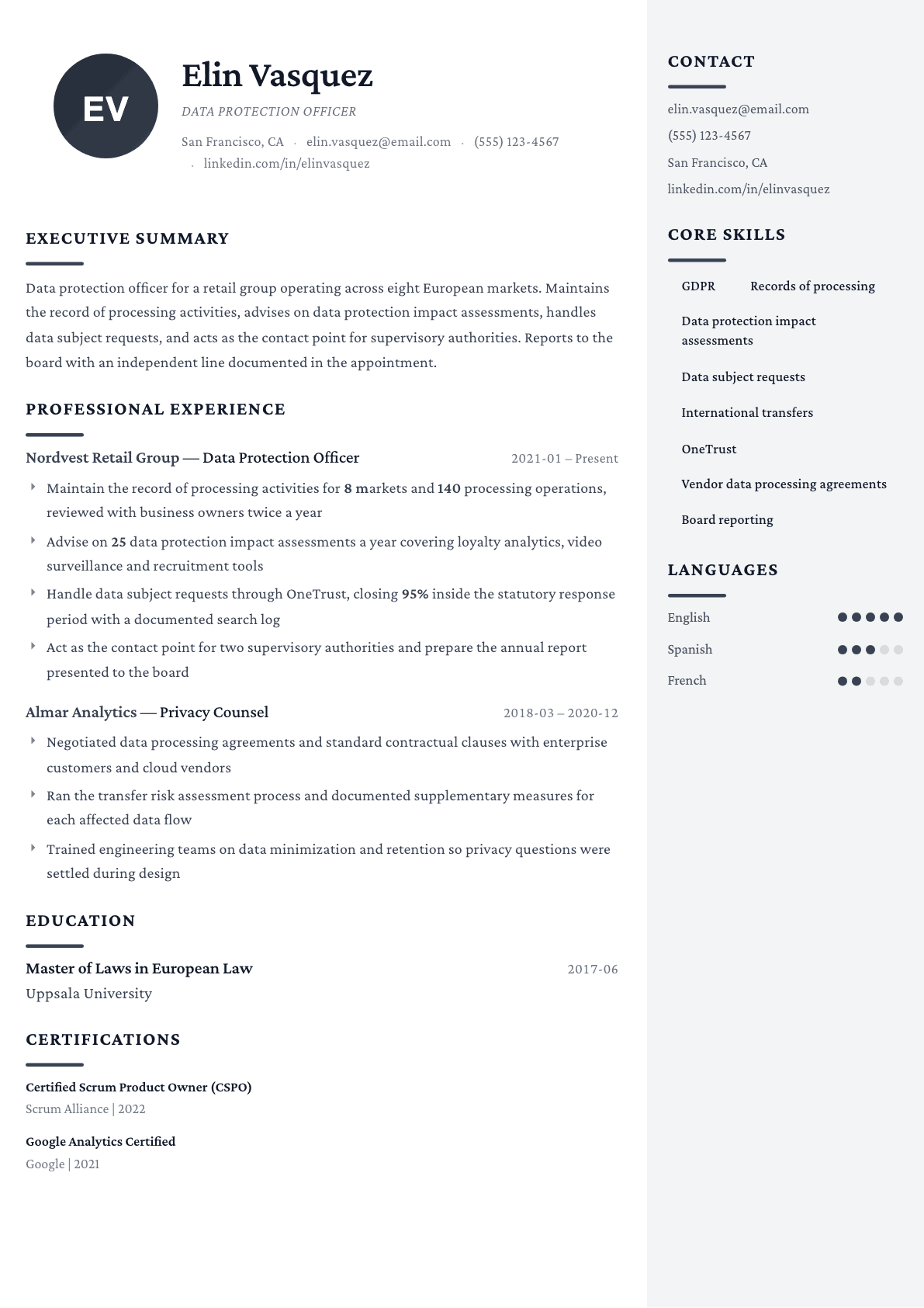 Data Protection Officer resume example, Monarch template