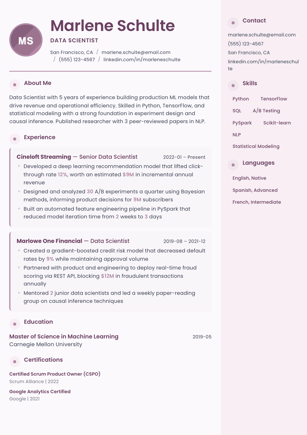 Data Scientist resume example, Bloom template