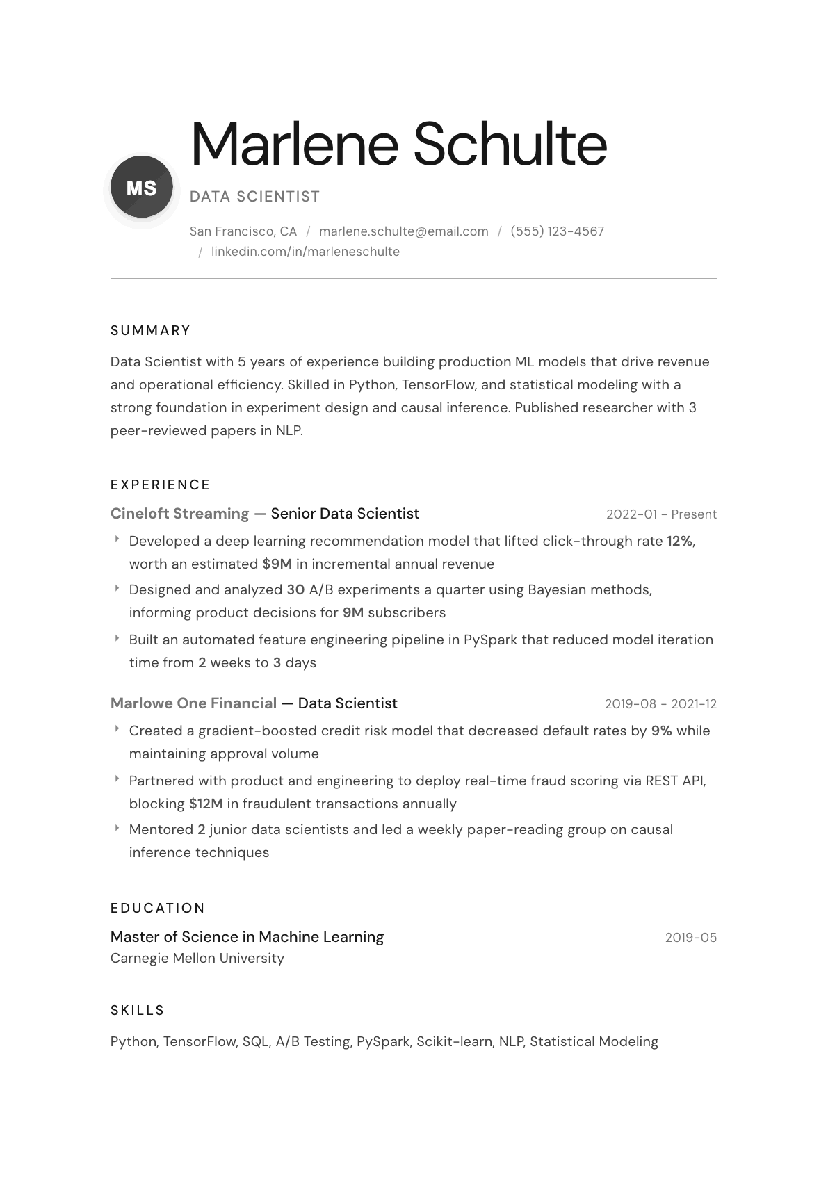 Data Scientist resume example, Whisper template