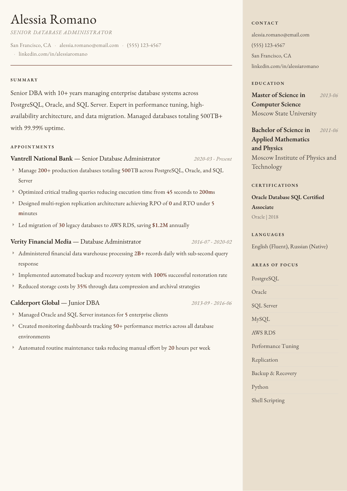 Database Administrator resume example, Manuscript template
