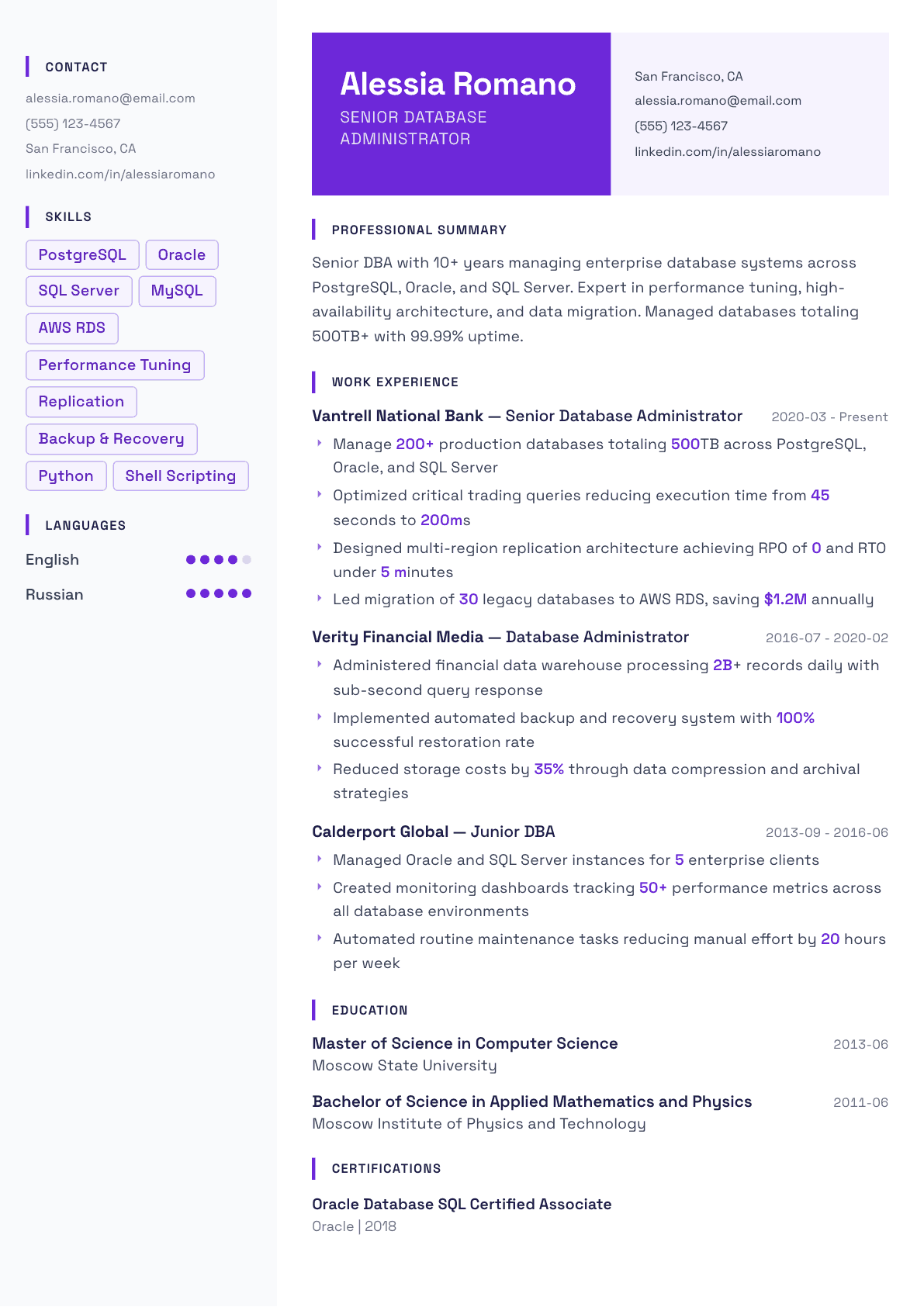 Database Administrator resume example, Tokyo template