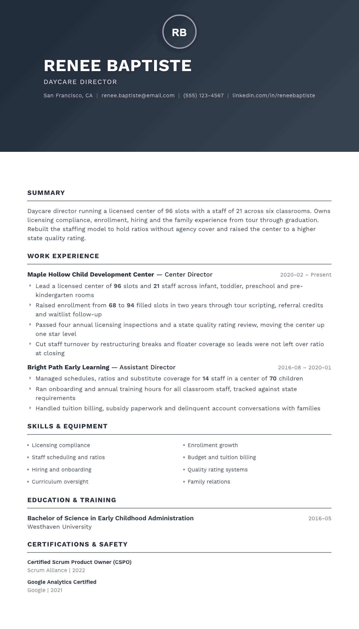 Daycare Director resume example, Foundation template