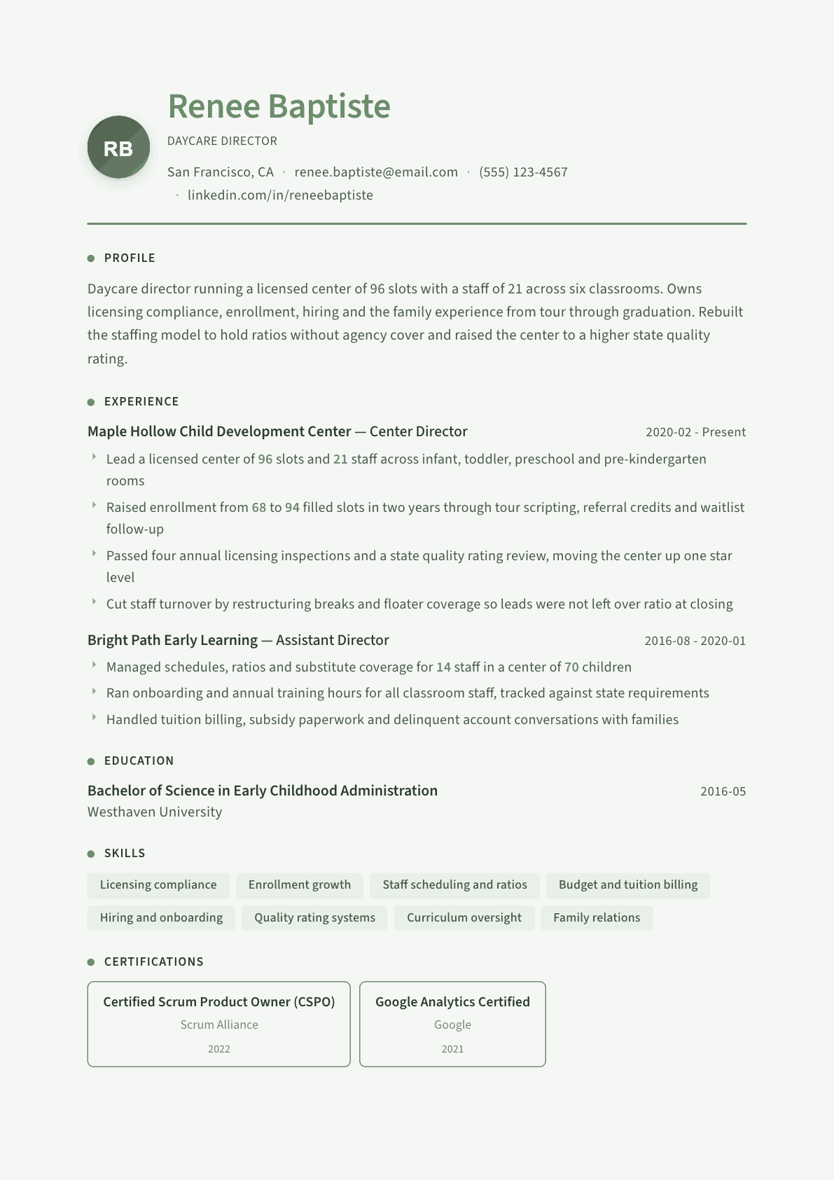 Daycare Director resume example, Sage Garden template