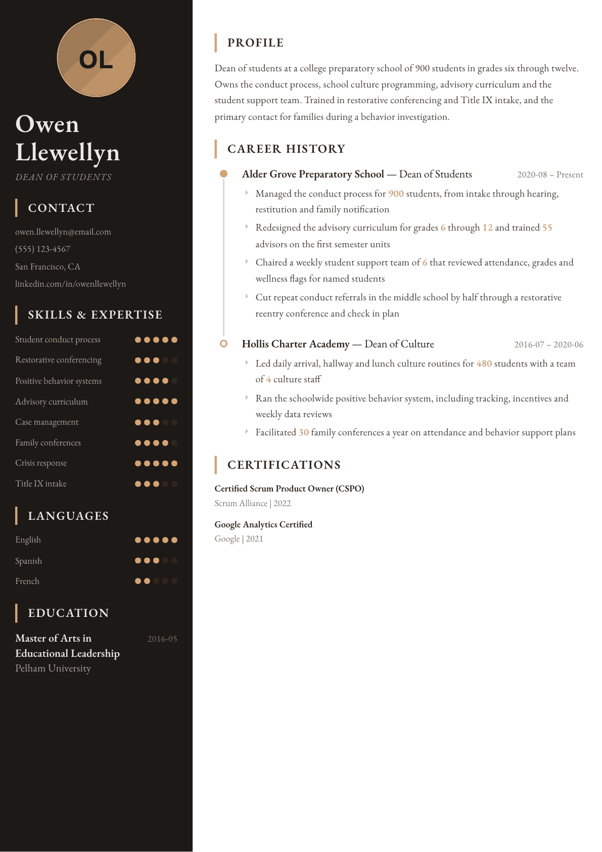Dean of Students resume example, Heritage template