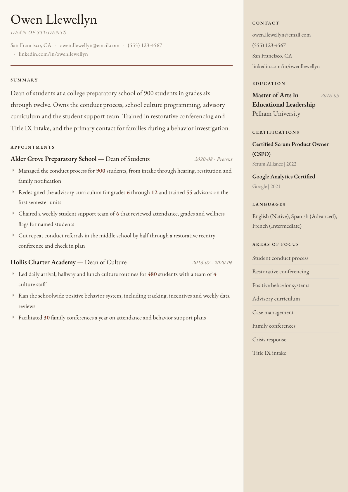 Dean of Students resume example, Manuscript template