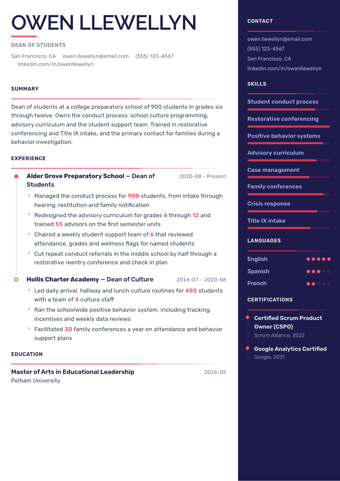 Dean of Students resume example, Obsidian Dark template