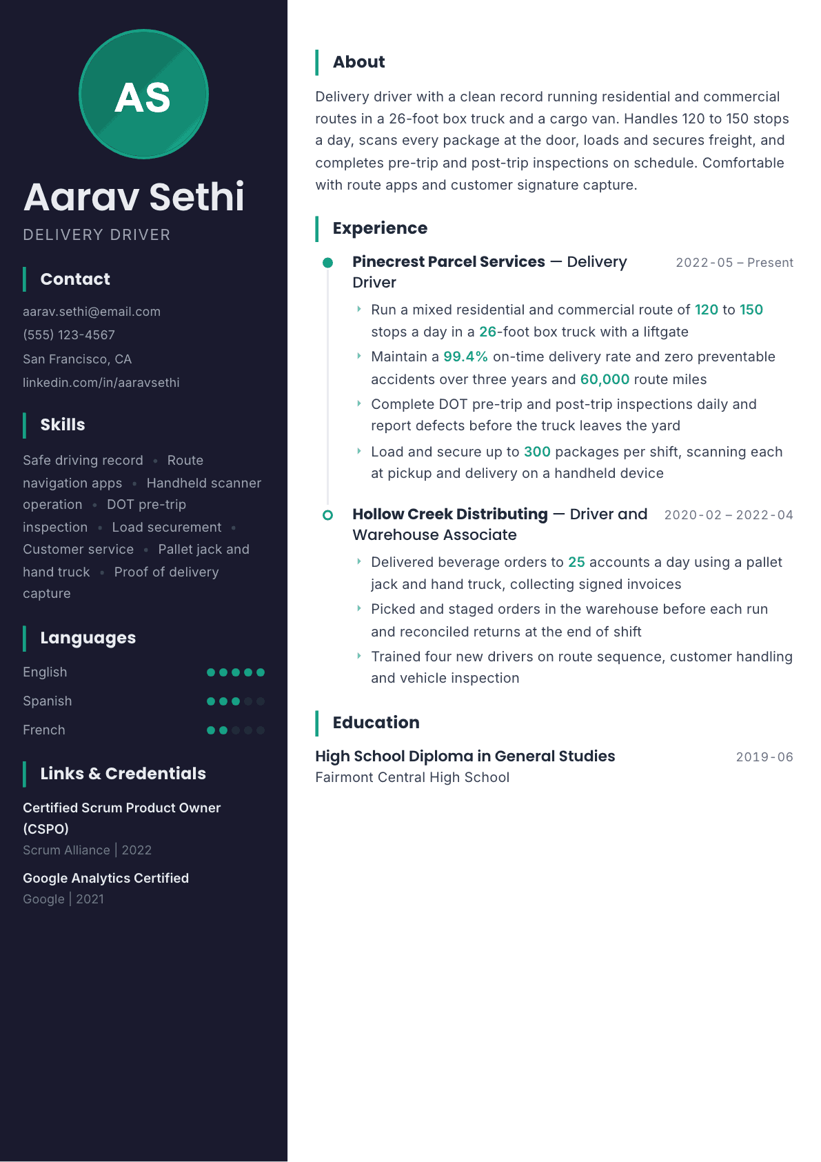 Delivery Driver resume example, Bapak template