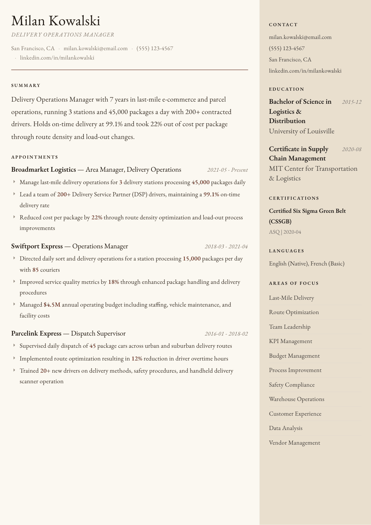 Delivery Operations Manager resume example, Manuscript template