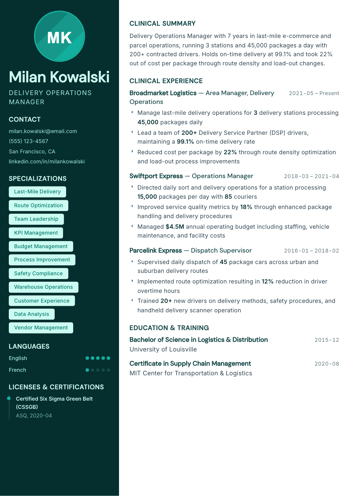 Delivery Operations Manager resume example, Vitalis template