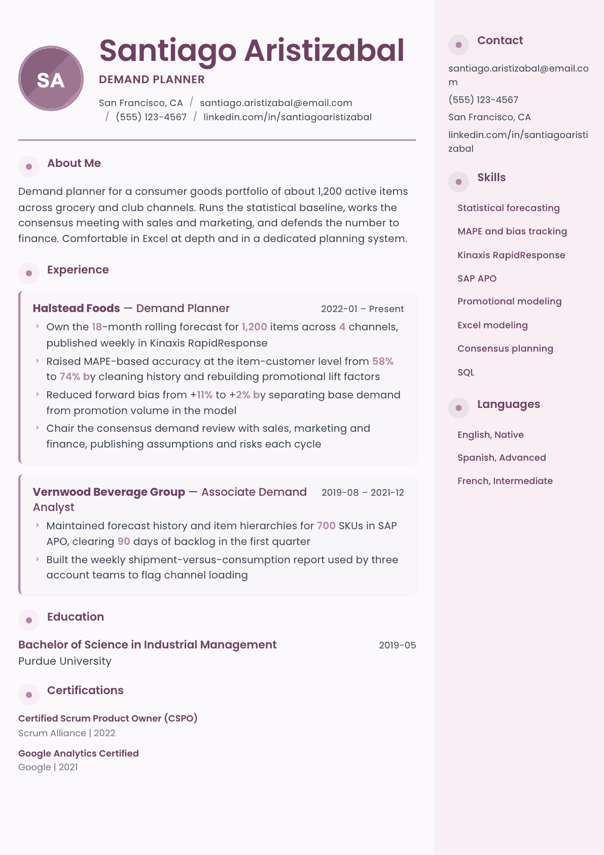 Demand Planner resume example, Bloom template