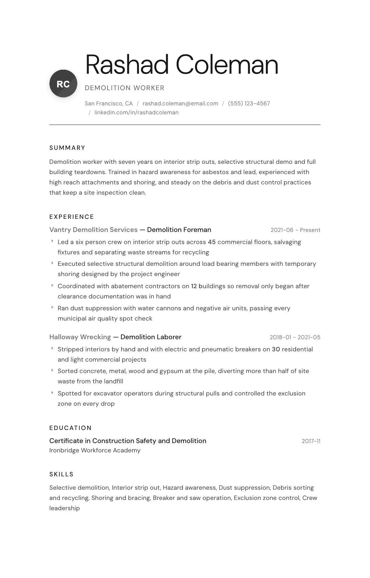 Demolition Worker resume example, Whisper template