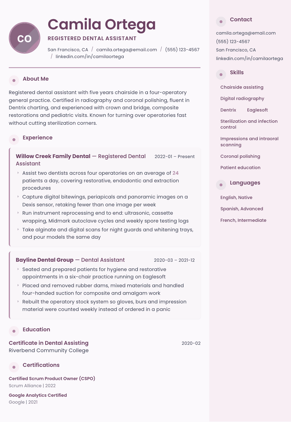 Dental Assistant resume example, Bloom template