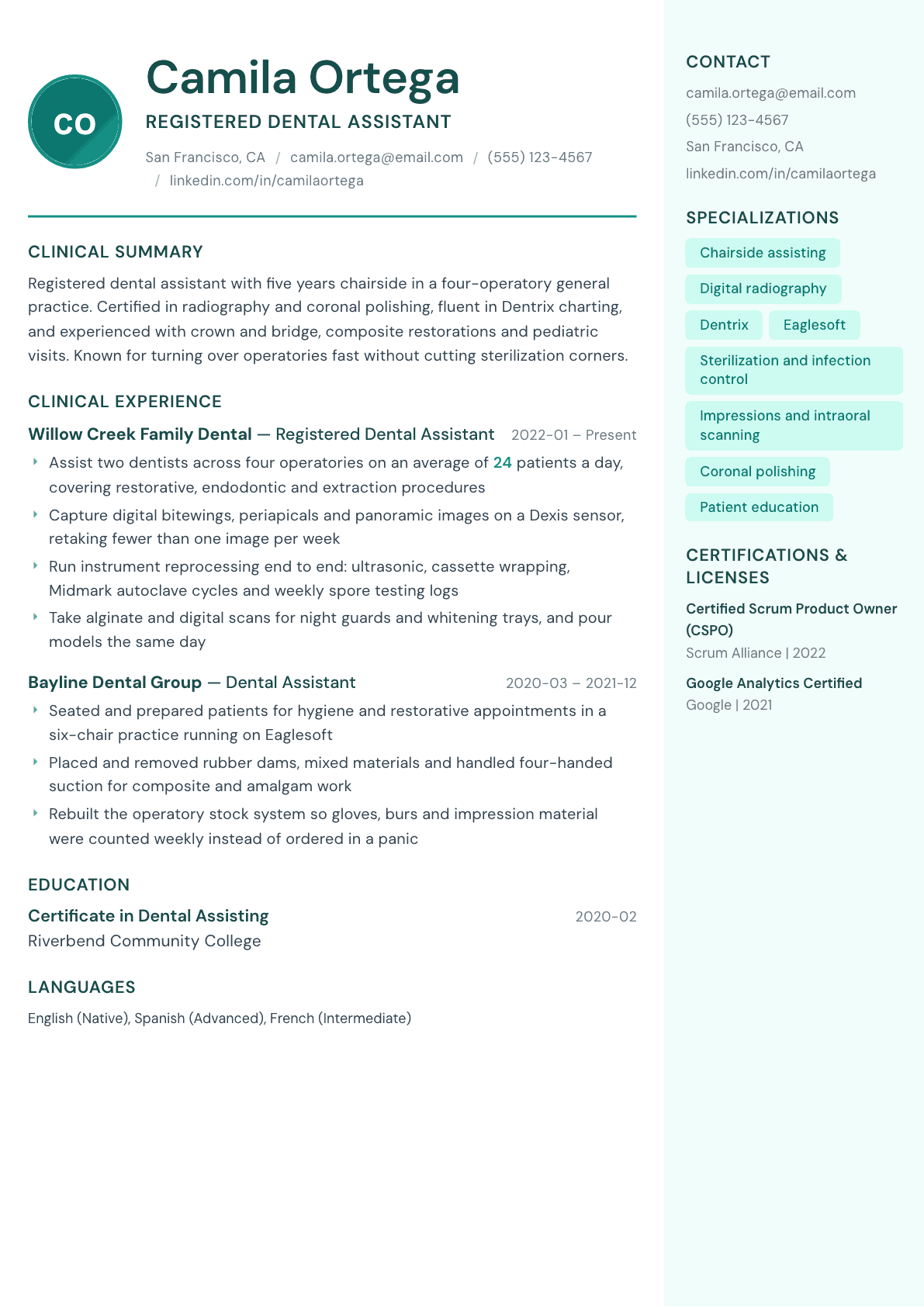 Dental Assistant resume example, Remedy template