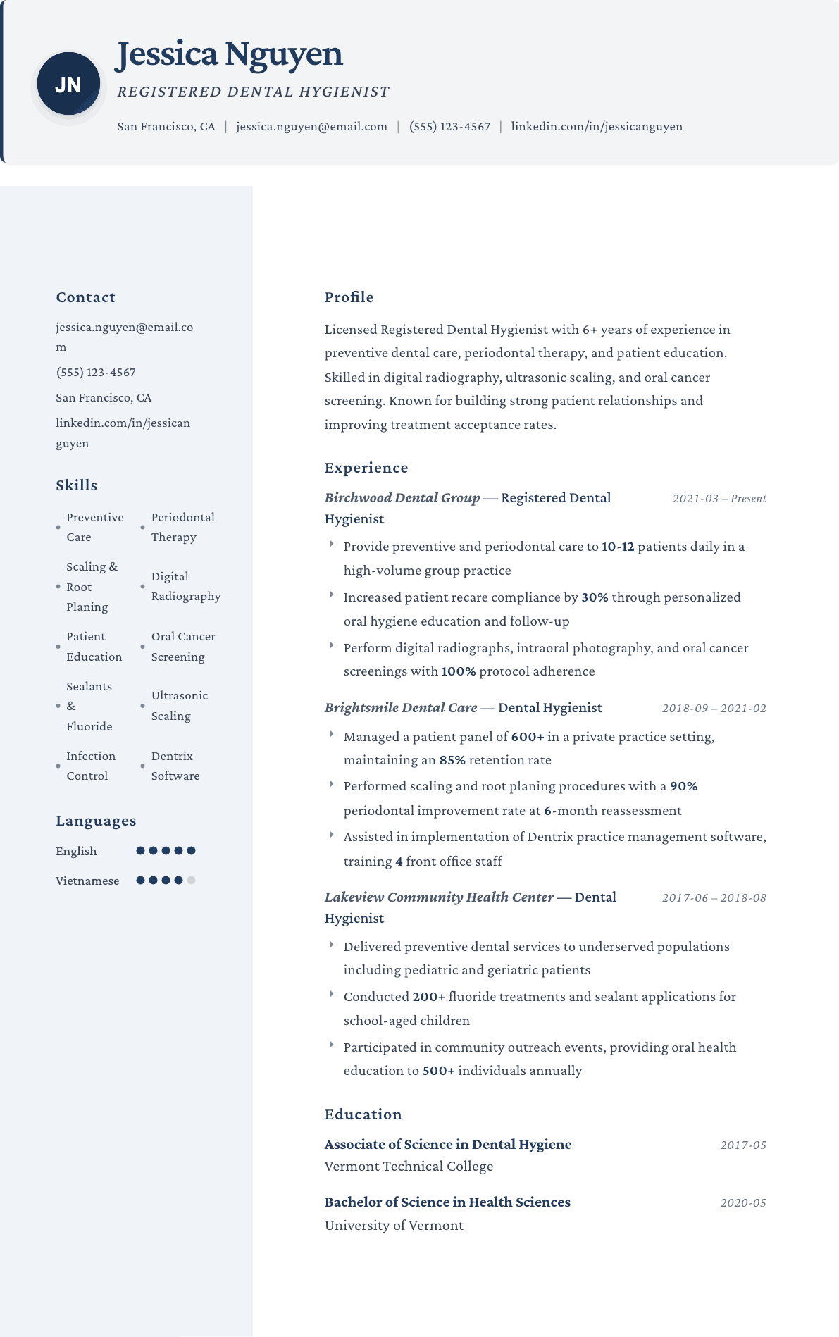 Dental Hygienist resume example, Formal template