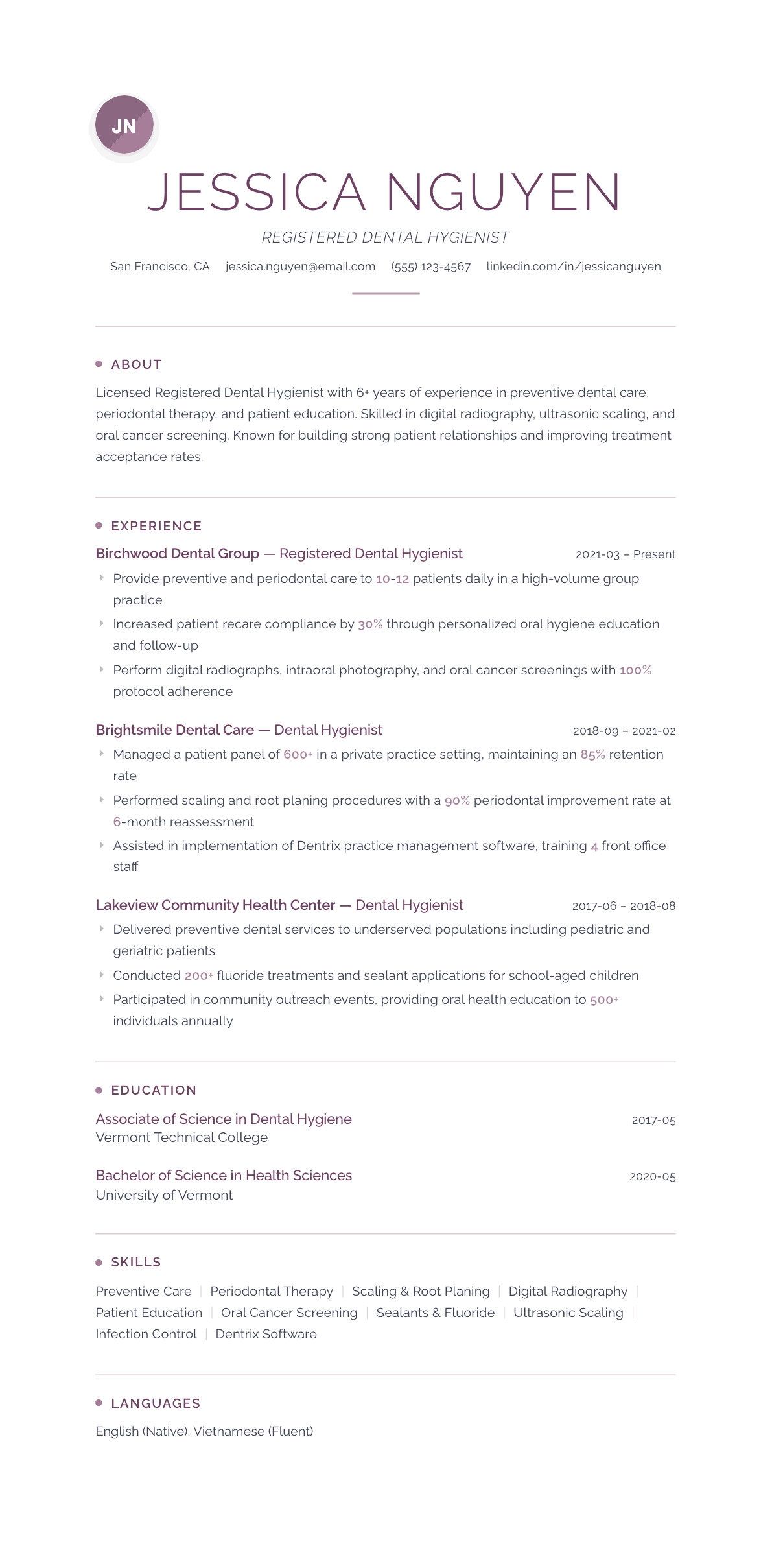 Dental Hygienist resume example, Serenity template