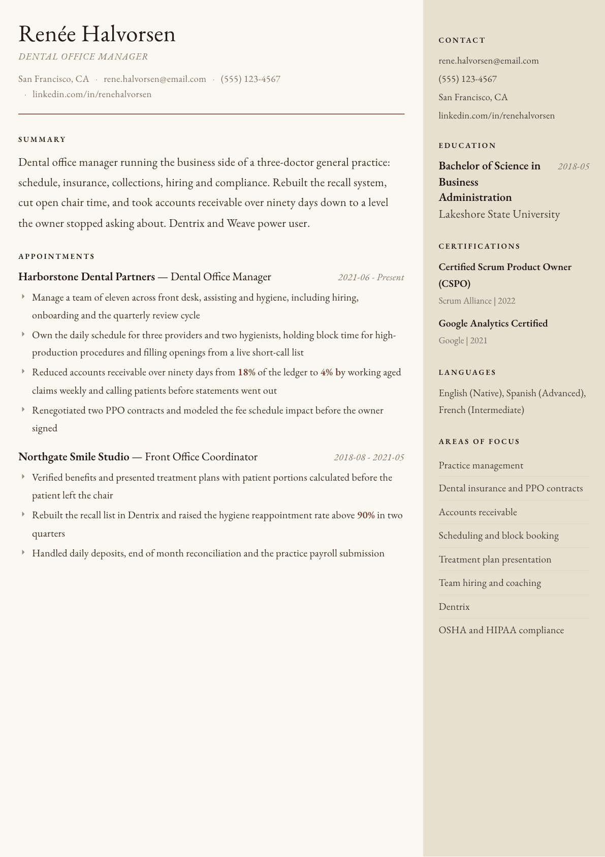 Dental Office Manager resume example, Manuscript template