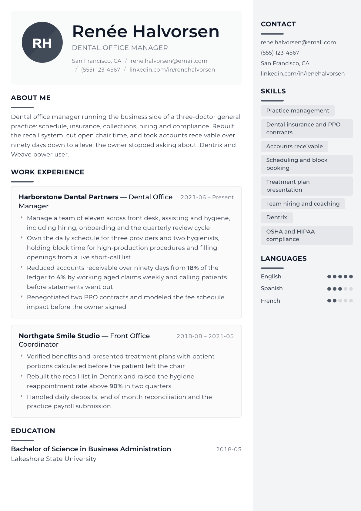 Dental Office Manager resume example, Metropolitan template