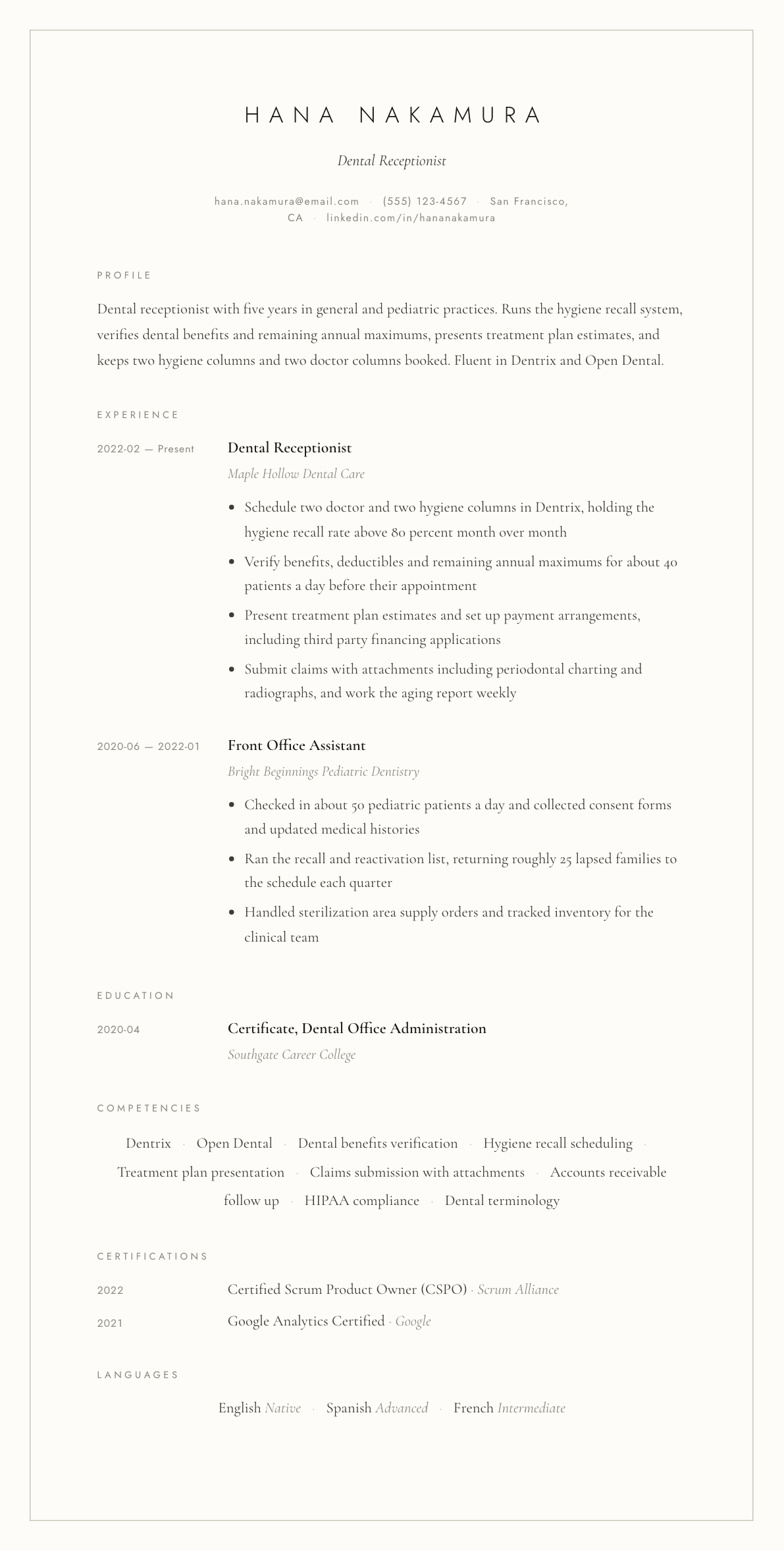 Dental Receptionist resume example, Vellum template