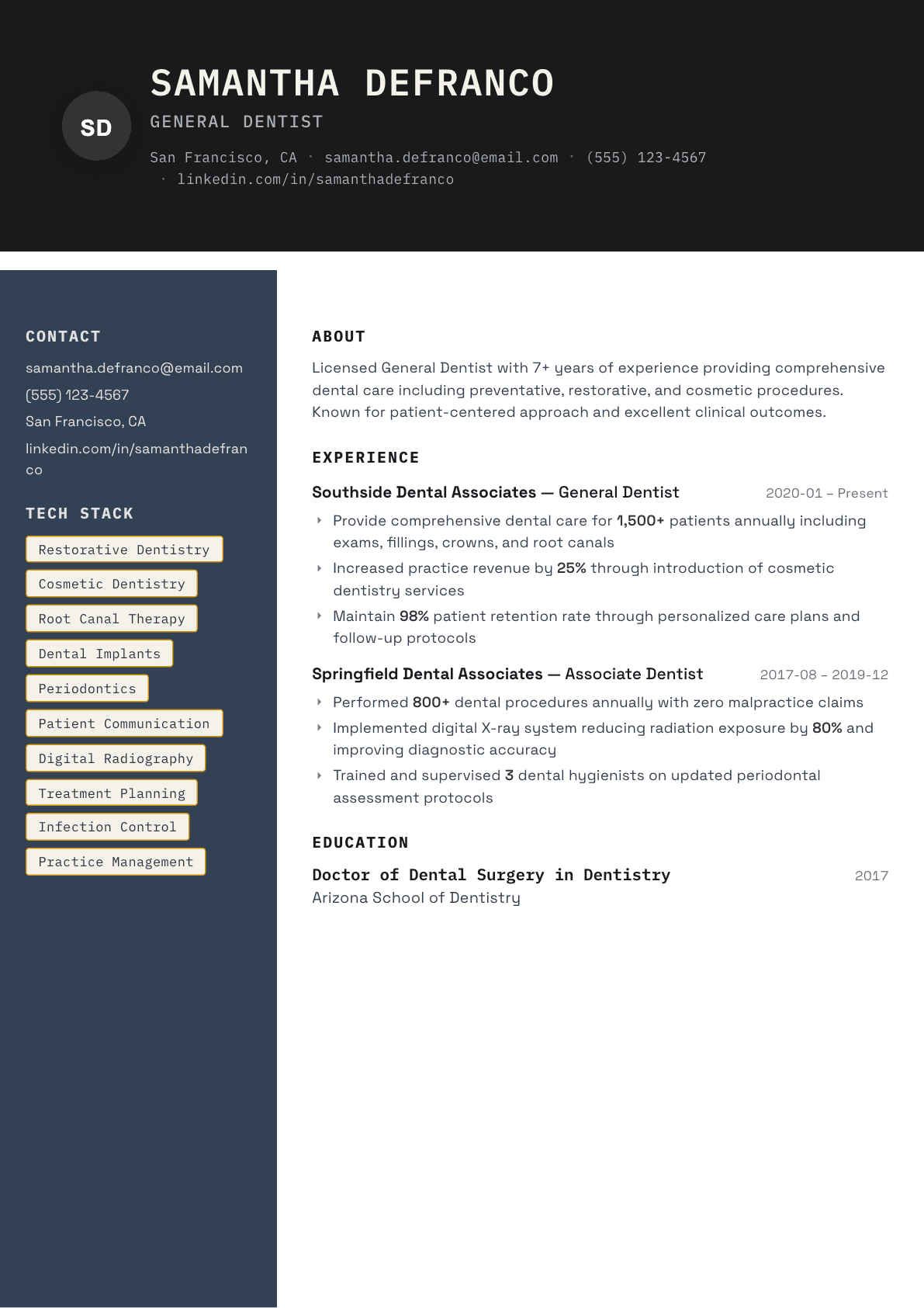 Dentist resume example, Codebase template