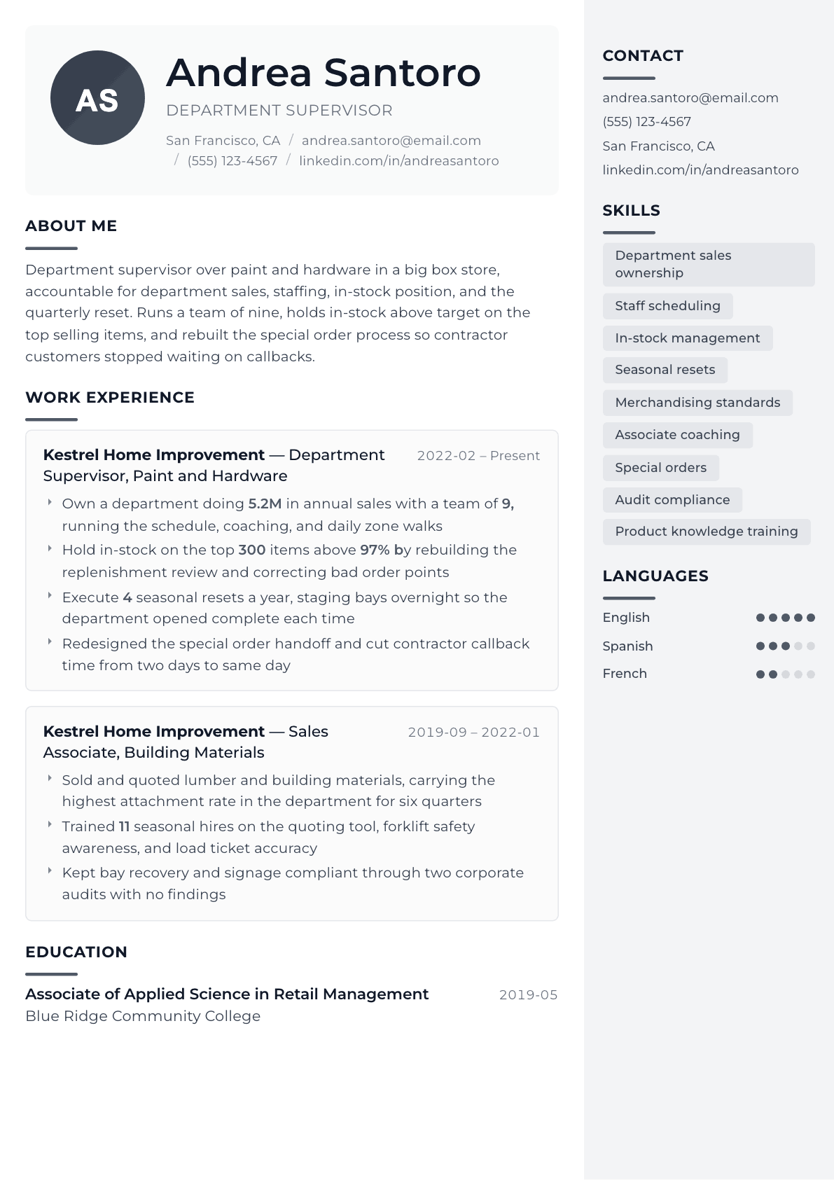 Department Supervisor resume example, Metropolitan template