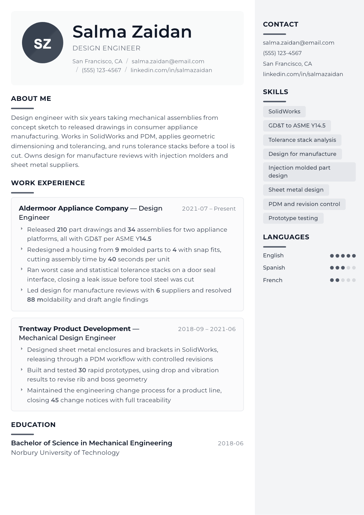 Design Engineer resume example, Metropolitan template