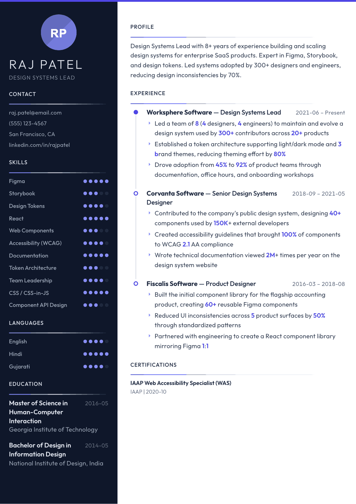 Design Systems Lead resume example, Zenith template