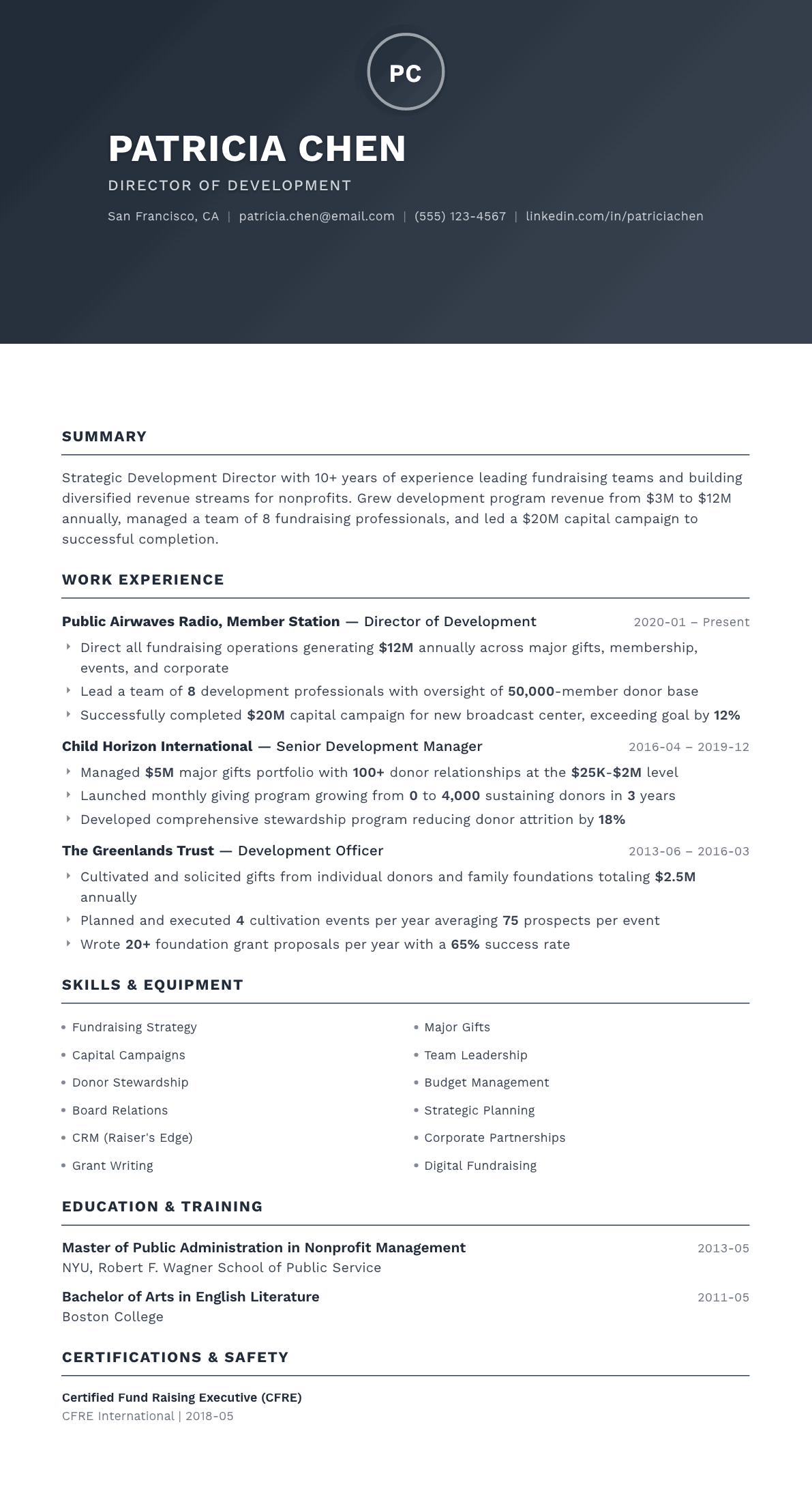 Development Director resume example, Foundation template