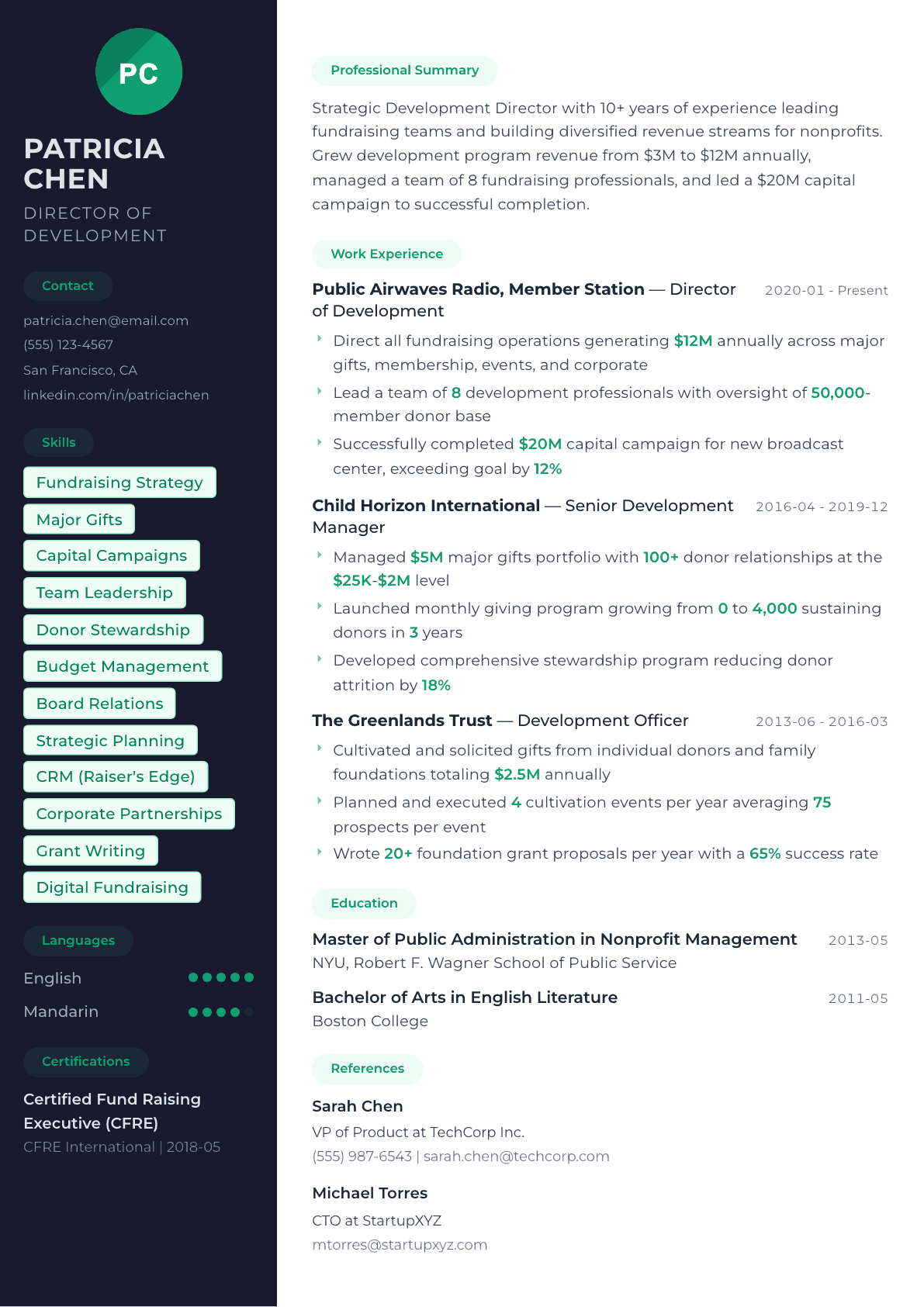 Development Director resume example, Oslo template
