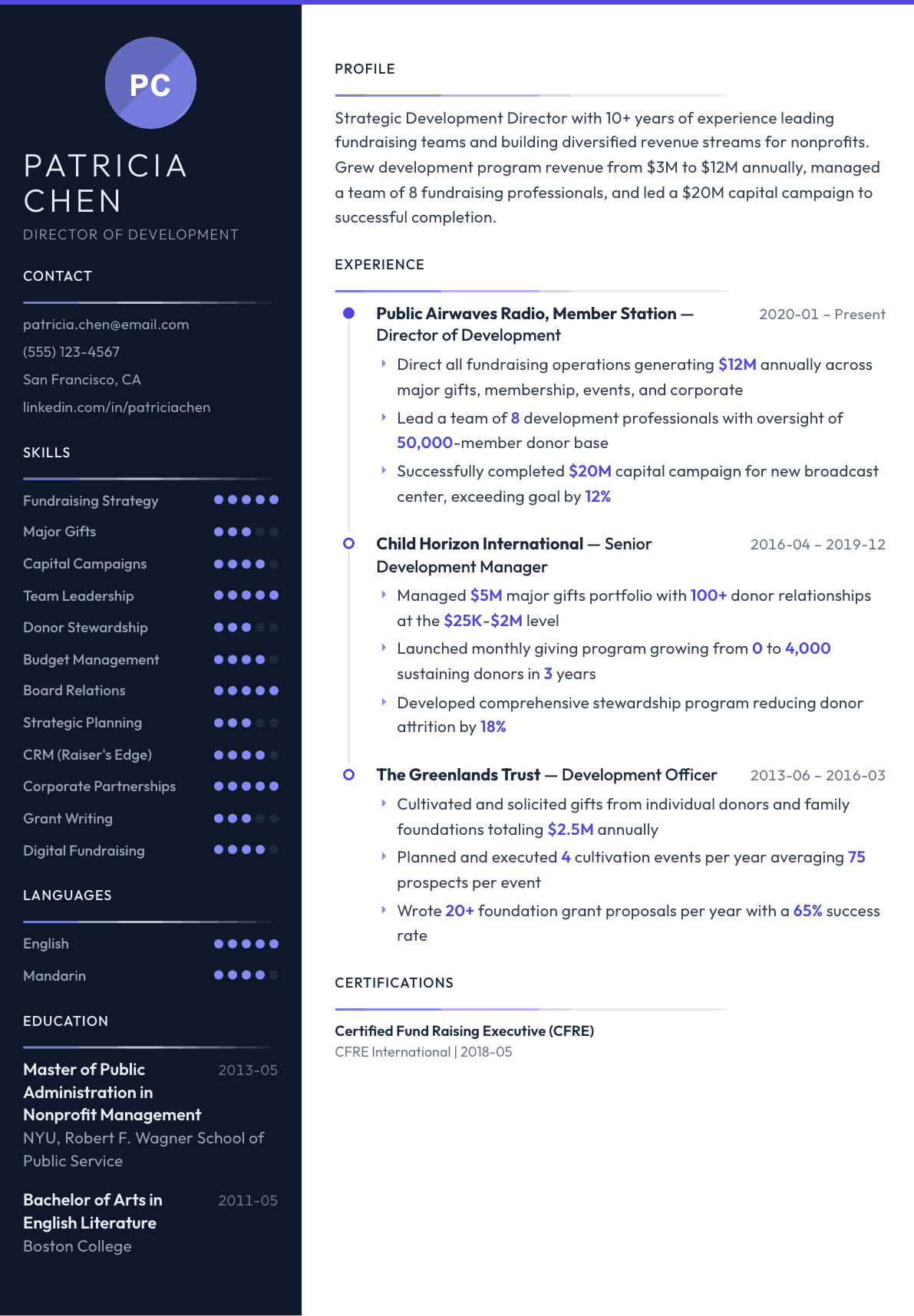 Development Director resume example, Zenith template