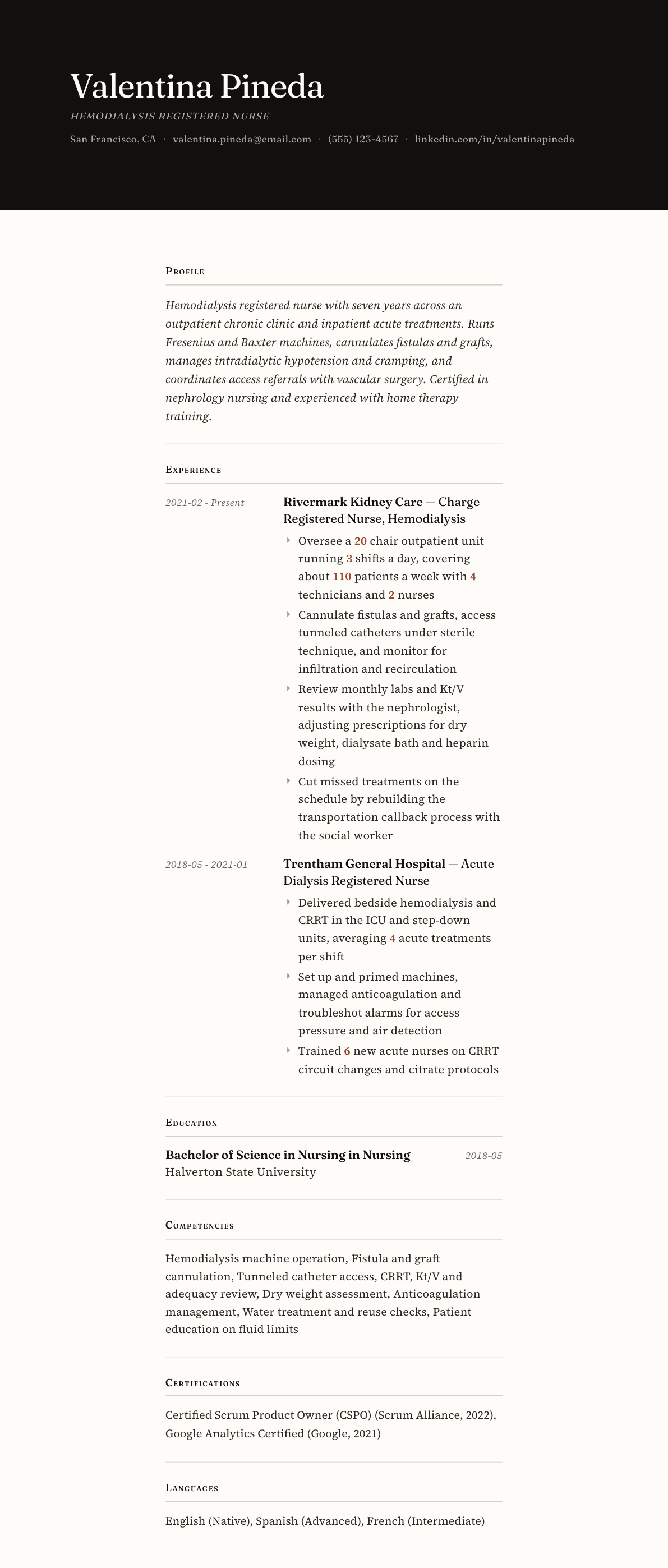 Dialysis Nurse resume example, Broadsheet template