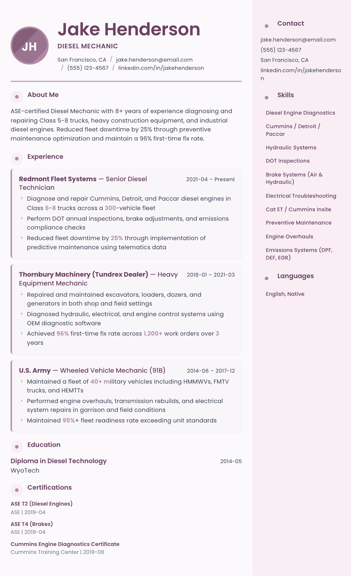 Diesel Mechanic resume example, Bloom template
