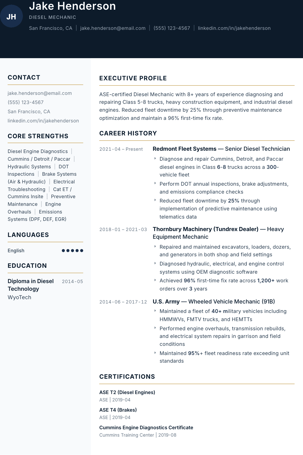 Diesel Mechanic resume example, Consulate template