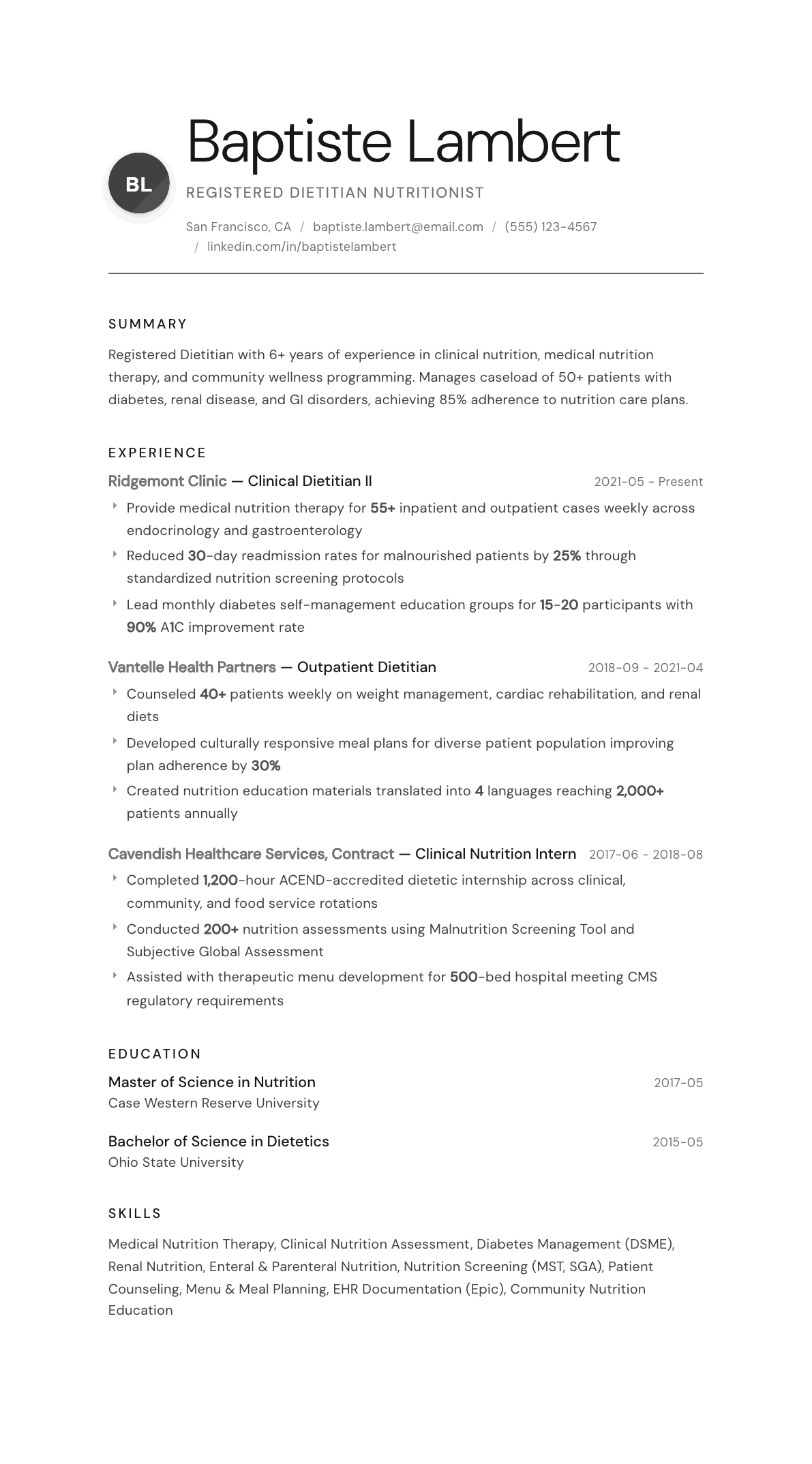 Dietitian resume example, Whisper template