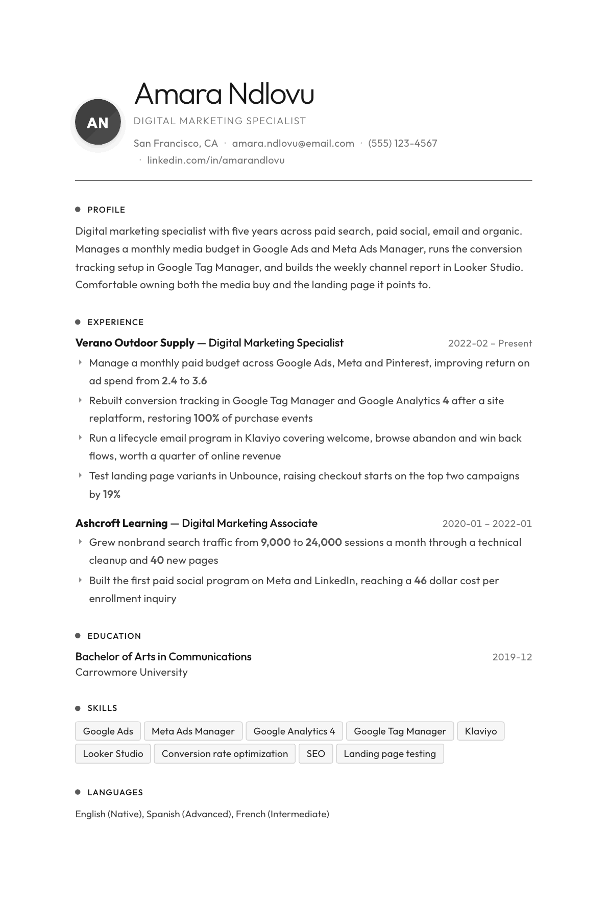 Digital Marketing Specialist resume example, Flux template