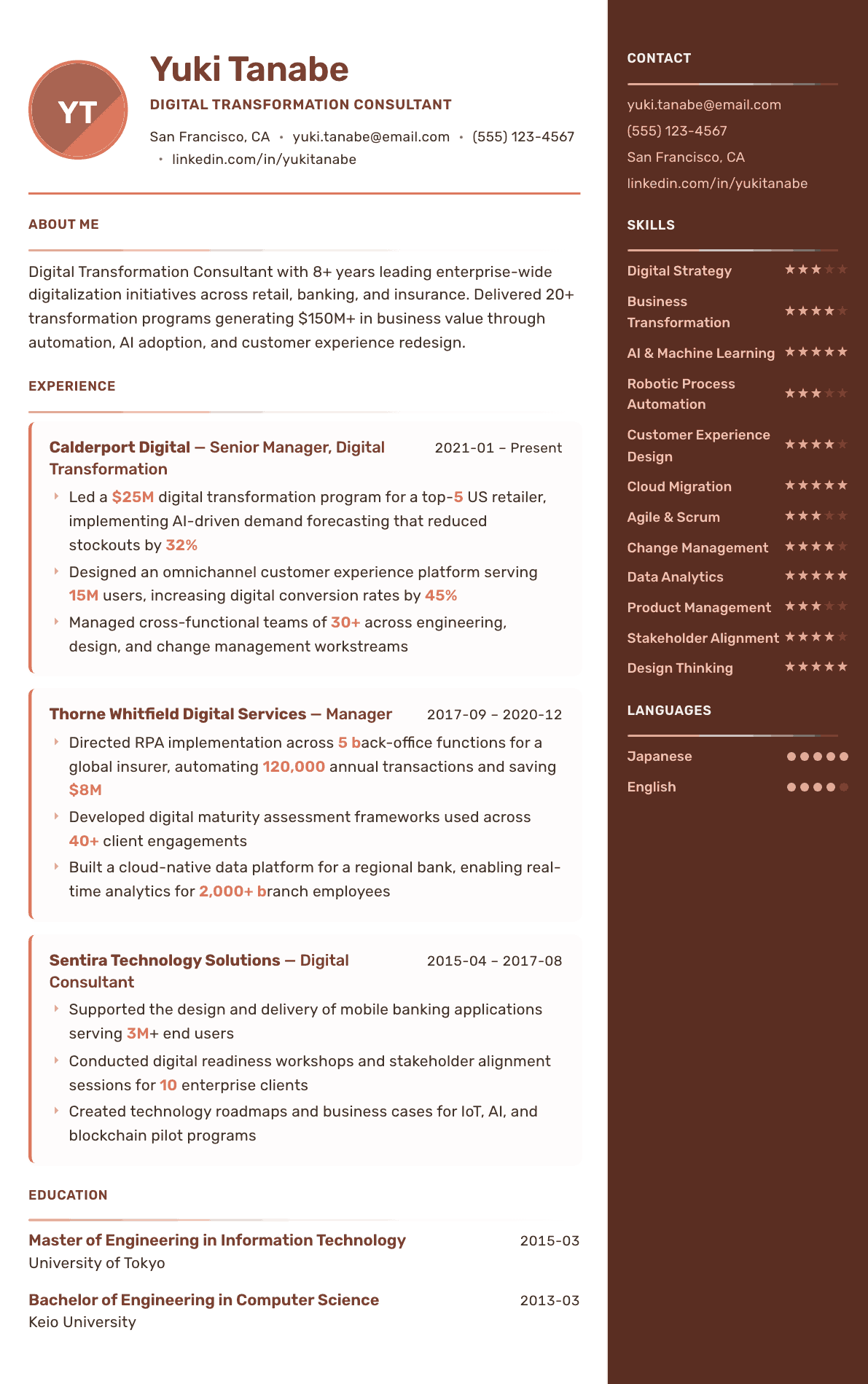 Digital Transformation Consultant resume example, Mosaic template